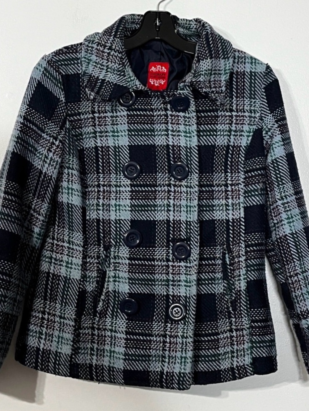 Therapy Navy Plaid Double-Breasted Peacoat Jacket